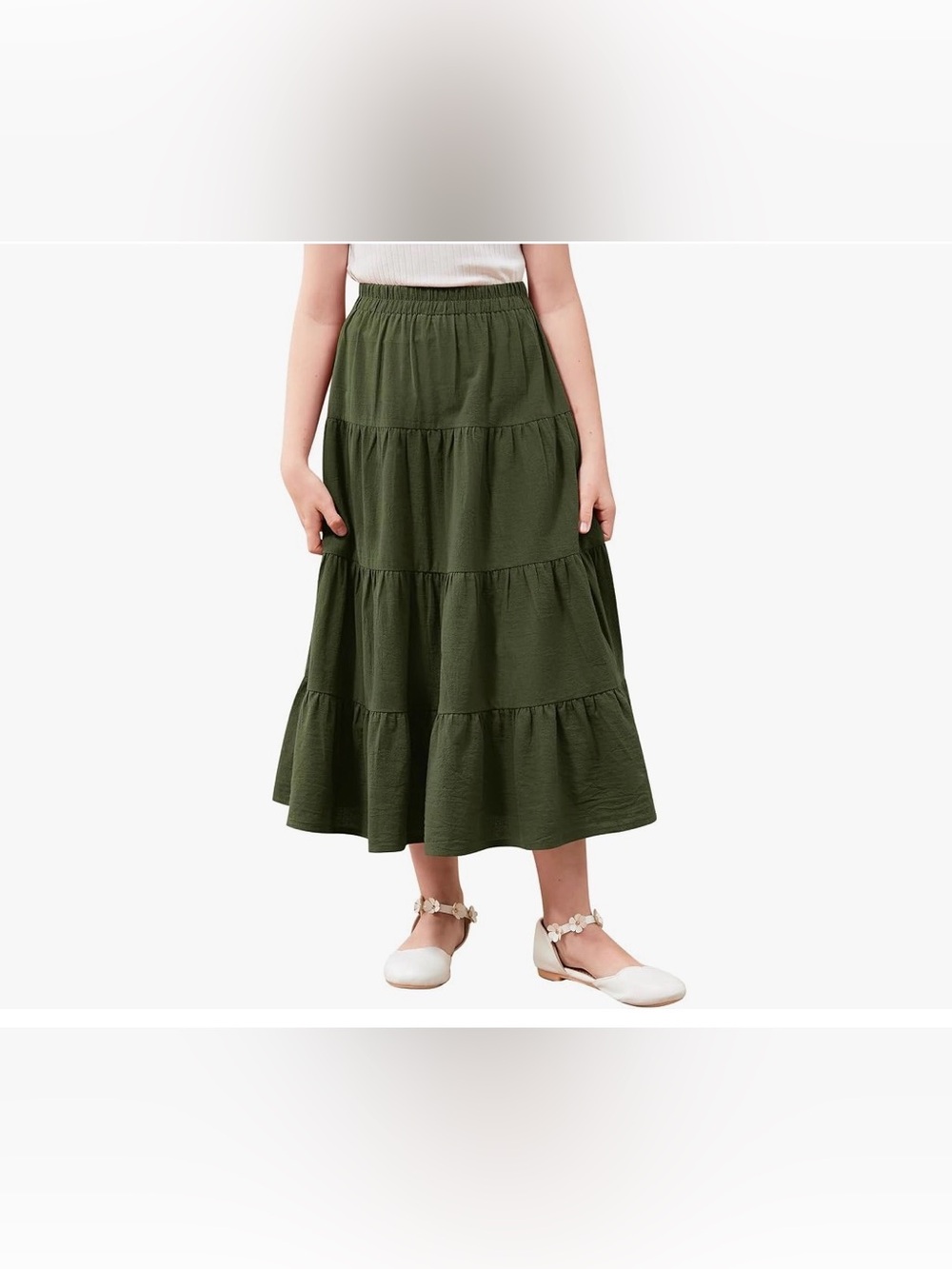 Tiered Olive Green Midi Skirt for Kids - Elastic Waist
